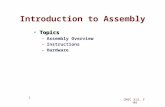 CMSC 313, F ‘09 1 Introduction to Assembly TopicsTopics –Assembly Overview –Instructions –Hardware.