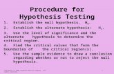 Copyright (C) 2002 Houghton Mifflin Company. All rights reserved. 1 Procedure for Hypothesis Testing 1. Establish the null hypothesis, H 0. 2.Establish.