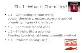 Ch. 1--What Is Chemistry? 1.1—Connecting to your world vocab (chemistry, matter, pure and applied chemistry), types of chemistry 1.2—Chemistry far and.