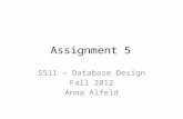 Assignment 5 S511 – Database Design Fall 2012 Anna Alfeld.