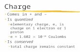 Charge Comes in + and – Is quantized elementary charge, e, is charge on 1 electron or 1 proton e = 1.602  10 -19 Coulombs Is conserved total charge remains.