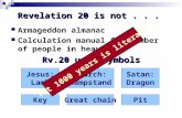 Revelation 20 is not... Armageddon almanac Calculation manual for number of people in heaven Rv.20 uses symbols Jesus: Lamb Church: Lampstand Satan: Dragon.