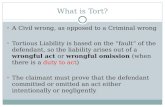 What is Tort? A Civil wrong, as opposed to a Criminal wrong Tortious Liability is based on the “fault” of the defendant, so the liability arises out of.