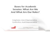 Bases for Academic Senates: What Are We And What Are Our Roles? Craig Rutan, Area D Representative Cynthia Rico, South Representative.