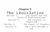 Chapter 5 The Legislative Branch Section 1:The Senate and the House of Representatives Section 2:How Congress Is Organized Section 3:The Powers of Congress.