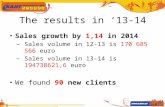 The results in ‘13-14 Sales growth by 1,14 in 2014 – Sales volume in 12-13 is 170 685 566 euro – Sales volume in 13-14 is 194738621,6 euro We found 90.