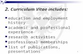 1 2. Curriculum Vitae includes: education and employment history academic and professional experience research activities professional memberships list.