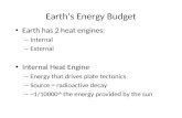 Earth’s Energy Budget Earth has 2 heat engines: – Internal – External Internal Heat Engine – Energy that drives plate tectonics – Source = radioactive.