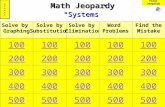 Math Jeopardy Solve by Graphing Solve by Substitution Solve by Elimination Word Problems “Systems” Find the Mistake SCORESSCORES 100 200 300 400 500 Final.