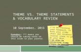 THEME VS. THEME STATEMENTS & VOCABULARY REVIEW 10 September, 2015 I’ll be checking your homework, so have your stamp sheet and response journal ready to.
