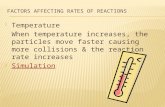 Temperature When temperature increases, the particles move faster causing more collisions & the reaction rate increases  Simulation Simulation.