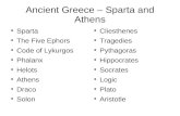 Ancient Greece – Sparta and Athens Sparta The Five Ephors Code of Lykurgos Phalanx Helots Athens Draco Solon Cliesthenes Tragedies Pythagoras Hippocrates.