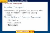 Passive Transport  Movement of particles across the cell membrane without using energy Cellular Transport Cellular Structure and Function Three Modes