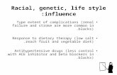 Racial, genetic, life style influence: Type extent of complications (renal failure and stroke are more common in blacks). Response to dietary therapy (low.