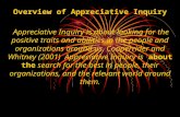 Overview of Appreciative Inquiry Appreciative Inquiry is about looking for the positive traits and abilities in the people and organizations around us.