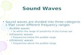 Sound Waves Sound waves are divided into three categories that cover different frequency ranges –Audible waves lie within the range of sensitivity of the.