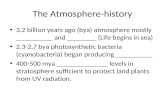 The Atmosphere-history 3.2 billion years ago (bya) atmosphere mostly __________ and ________ (Life begins in sea) 2.3-2.7 bya photosynthetic bacteria (cyanobacteria)