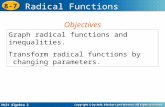 Holt Algebra 2 8-7 Radical Functions Graph radical functions and inequalities. Transform radical functions by changing parameters. Objectives.