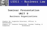 LS311 – Business Law I Seminar Presentation UNIT 9 Business Organizations Chapter 26: Corporate Directors, Officer, & Shareholders Chapter 27: Investor.