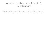What is the structure of the U. S. Constitution? The Constitution contains a Preamble, 7 articles, and 27 Amendments.