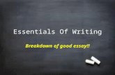 Essentials Of Writing Breakdown of good essay!!. Steps in the Writing Process 1. Pre-writing (get ideas together, notes) 2. Shaping the essay 3. First.