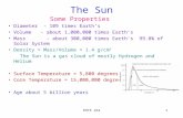 PHYS 1621 The Sun Some Properties Diameter - 109 times Earth’s Volume - about 1,000,000 times Earth’s Mass - about 300,000 times Earth’s 99.8% of Solar.