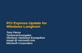PCI Express Update for Windows Longhorn Tony Pierce Technical Evangelist Windows Hardware Evangelism tonypi @ microsoft.com Microsoft Corporation.