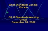What Standards Can Do For You FIA IT Standards Working Group December 10, 2002.