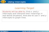 Holt Algebra 1 5-2 Using Intercepts Students will be able to: Find x- and y- intercepts and interpret their meanings in real-world situations. And also