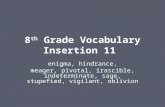 8 th Grade Vocabulary Insertion 11 enigma, hindrance, meager, pivotal, irascible, indeterminate, sage, stupefied, vigilant, oblivion.
