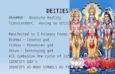 DEITIES BRAHMAN: Absolute Reality. Transcendent. Having no attributes. Manifested in 3 Primary Forms: Brahma – Creator god Vishnu – Preserver god Shiva.