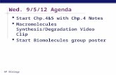 AP Biology Wed. 9/5/12 Agenda  Start Chp.4&5 with Chp.4 Notes  Macromolecules Synthesis/Degradation Video Clip  Start Biomolecules group poster.