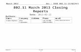 Doc.: IEEE 802.11-13/0214r1 Report March 2013 Adrian Stephens, Intel CorporationSlide 1 802.11 March 2013 Closing Reports Date: 2013-03-22 Authors: