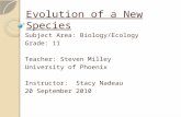 Evolution of a New Species Subject Area: Biology/Ecology Grade: 11 Teacher: Steven Milley University of Phoenix Instructor: Stacy Nadeau 20 September 2010.