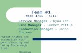Team #1 Week 4/11 – 4/15 Service Manager - Kyuu Lee Line Manager - Summer Pettus Production Manager – Jason Cherney “Great things are accomplish with good.