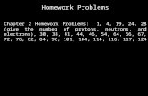 Homework Problems Chapter 2 Homework Problems: 1, 4, 19, 24, 28 (give the number of protons, neutrons, and electrons), 30, 38, 41, 44, 46, 54, 64, 66,