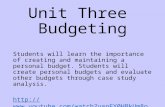 Unit Three Budgeting Students will learn the importance of creating and maintaining a personal budget. Students will create personal budgets and evaluate.
