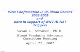 E0405681 1 WNV Confirmation in US Blood Donors 2003-2005 and Data in Support of WNV ID-NAT Triggers Susan L. Stramer, Ph.D. Blood Products Advisory Committee.