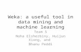 Weka: a useful tool in data mining and machine learning Team 5 Noha Elsherbiny, Huijun Xiong, and Bhanu Peddi.