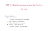 1 CSC 427: Data Structures and Algorithm Analysis Fall 2010 Greedy algorithms  greedy algorithms examples: optimal change, job scheduling  Dijkstra's.