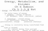 Energy, Metabolism, and Enzymes Ch 6 Baboon Ch 5.1-5.8 Bat - Energy: the ability to do work - Two major types of energy 1. Kinetic - energy of motion -