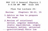 10/31/2012PHY 113 A Fall 2012 -- Lecture 251 PHY 113 A General Physics I 9-9:50 AM MWF Olin 101 Plan for Lecture 25: Review: Chapters 10-13, 15 1.Advice.