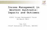 Income Management in Western Australia: Impacts and Outcomes VCOSS Income Management Forum 28 March 2011 Sue Ash Chief Executive Officer, WACOSS.