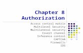 Chapter 8 Authorization Access control matrix Multilevel Security Multilateral security Covert channel Inference control CAPTCHA Firewalls IDS