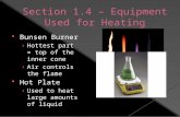 Bunsen Burner › Hottest part = top of the inner cone › Air controls the flame  Hot Plate › Used to heat large amounts of liquid.