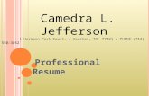 Professional Resume Camedra L. Jefferson 1 Hermann Park Court.  Houston, TX 77021  PHONE (713) 550-3052.