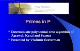 Primes in P Deterministic polynomial-time algorithm of Agrawal, Kayal and Saxena Presented by Vladimir Braverman.