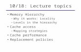 10/18: Lecture topics Memory Hierarchy –Why it works: Locality –Levels in the hierarchy Cache access –Mapping strategies Cache performance Replacement.