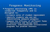 Progress Monitoring Progress monitoring (PM) is conducted frequently and is designed to: Progress monitoring (PM) is conducted frequently and is designed.