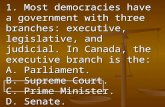 1. Most democracies have a government with three branches: executive, legislative, and judicial. In Canada, the executive branch is the: A. Parliament.